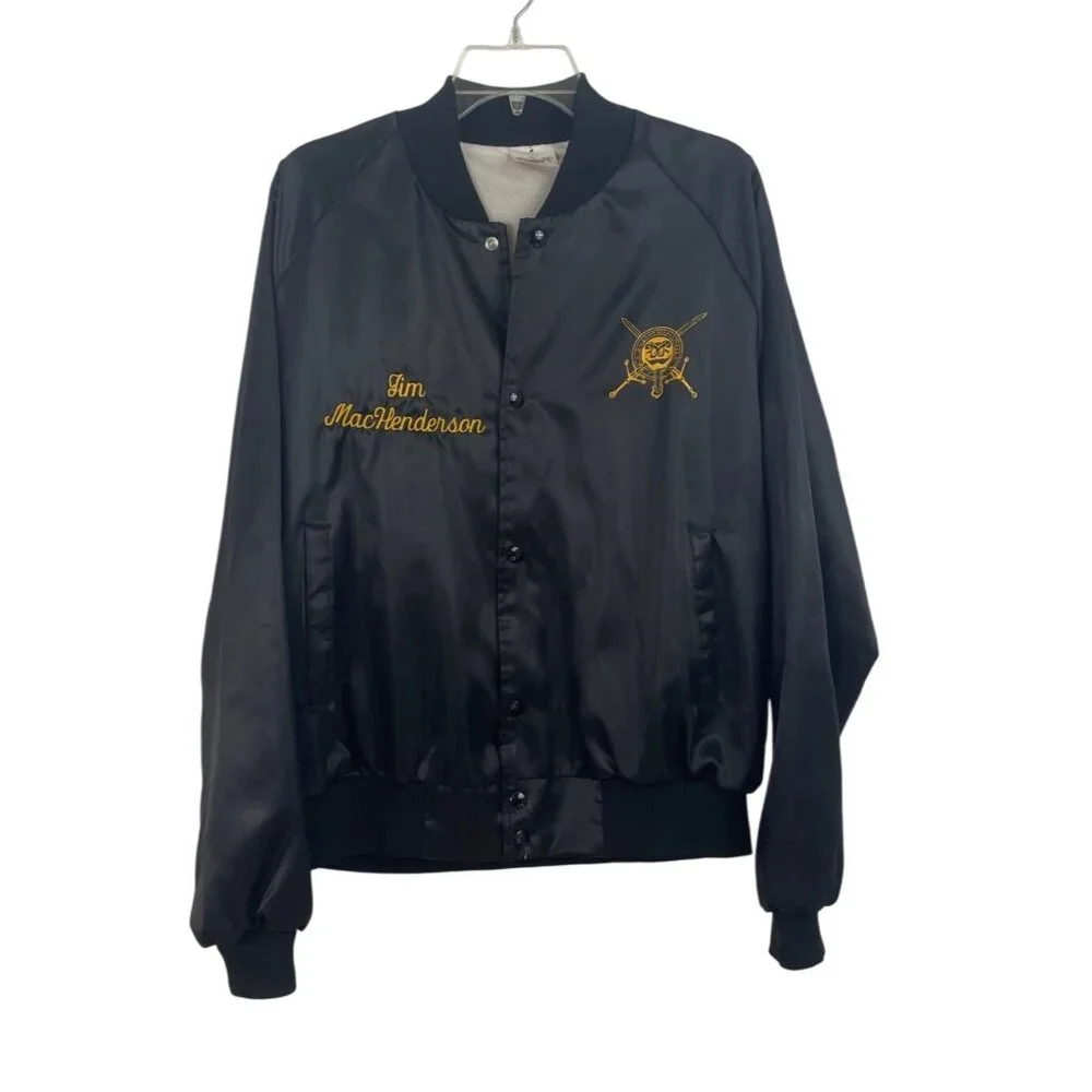 Highlander Antioch Vintage Satin Jacket Black Embroidered Lettering Mens Large - Picture 2 of 12